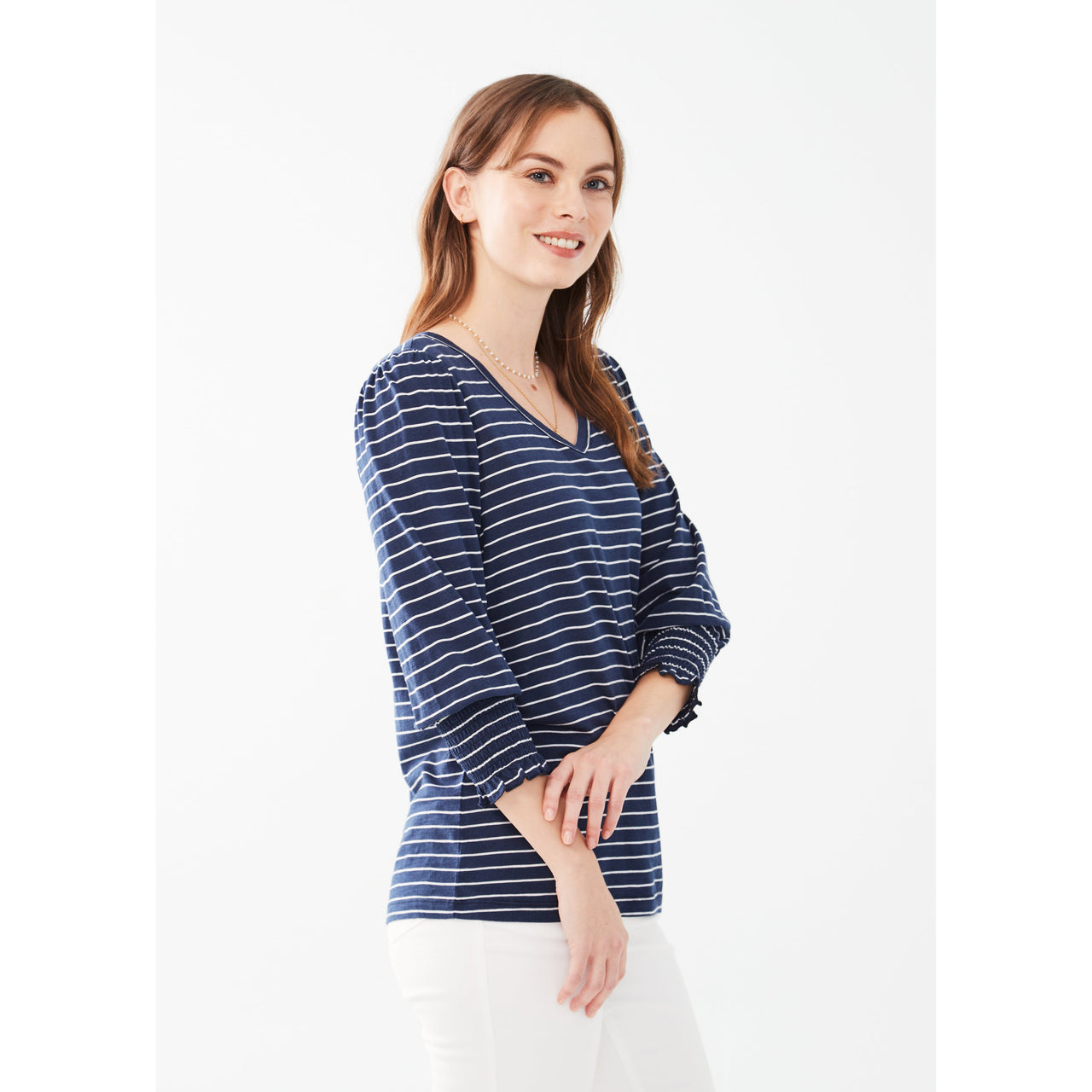 FDJ Women's V-Neck Top w/Smocked Cuffs - Navy Stripe