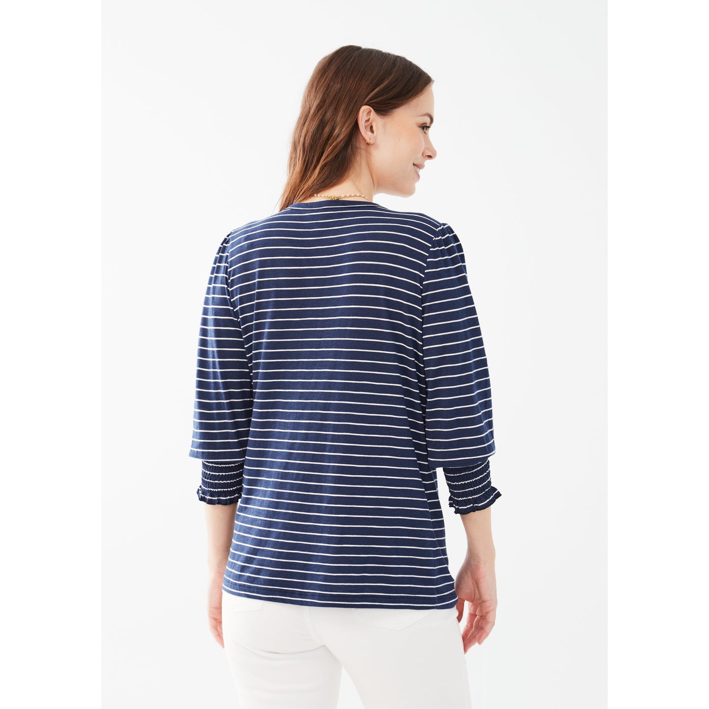 FDJ Women's V-Neck Top w/Smocked Cuffs - Navy Stripe