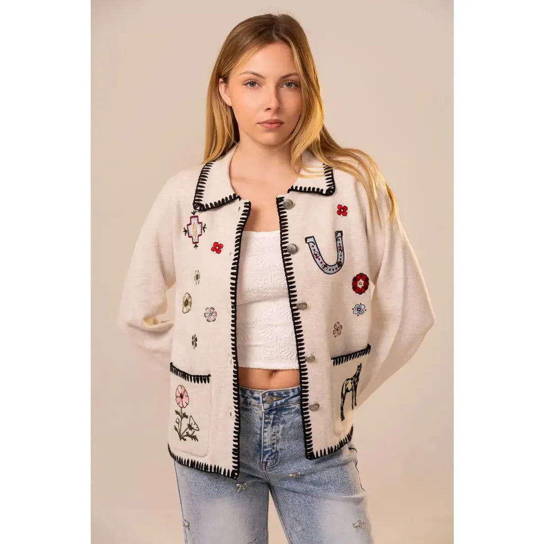 Blue B Women's Ship Stitch Embroidered Cardigan- Multiple Colours