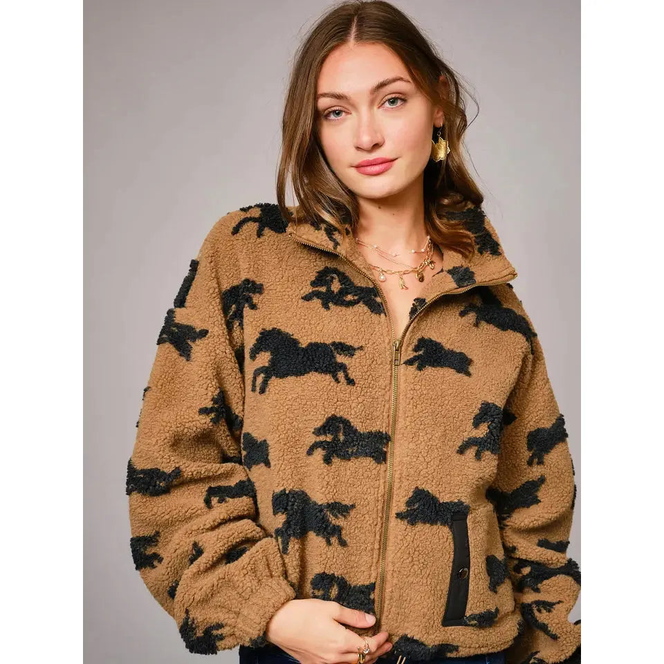 Blue B Wild Sherpa Oversized Zip Up Horse Jacket- Camel