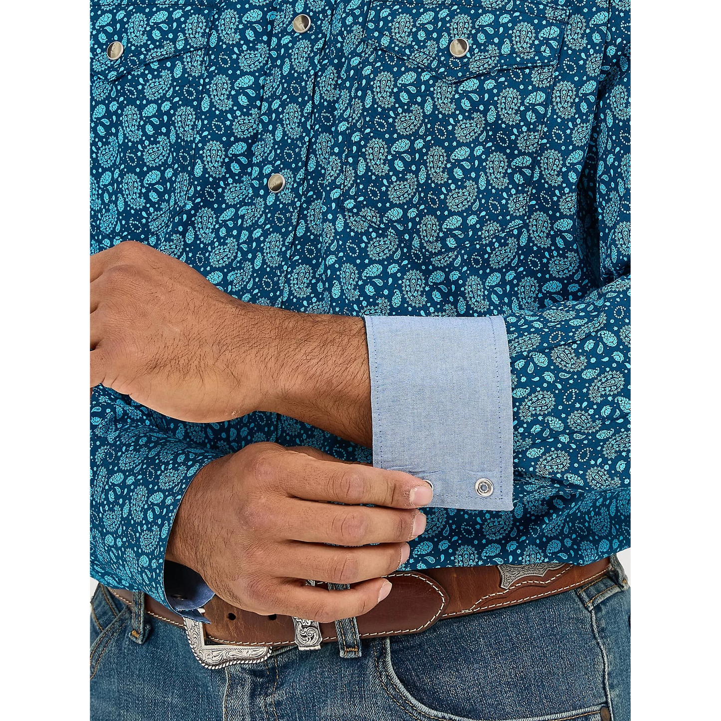 Wrangler Men's 20X Competition Advanced  Comfort Classic Fit  Long Sleeve Shirt- Navy/Turquoise
