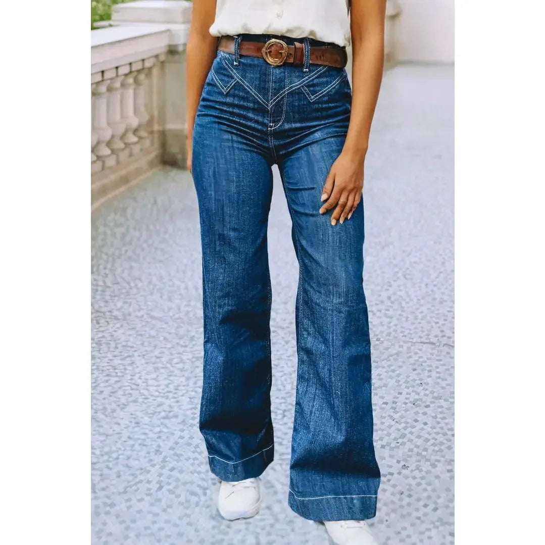 Little Daisy Stitched Waist Detail Loose Cuff Jeans- Sail Blue