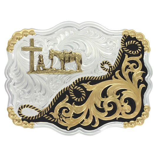 Montana Silversmiths Two Tone Half-n-Half Rope Buckle with Christian Cowboy