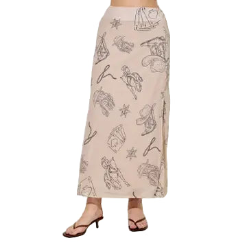 BaeVely Women's Cowboy Print Midi Skirt- Taupe