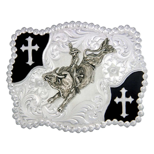 Montana Silversmiths Christian Flourish Scallop Shape Belt Buckle with Bull Rider