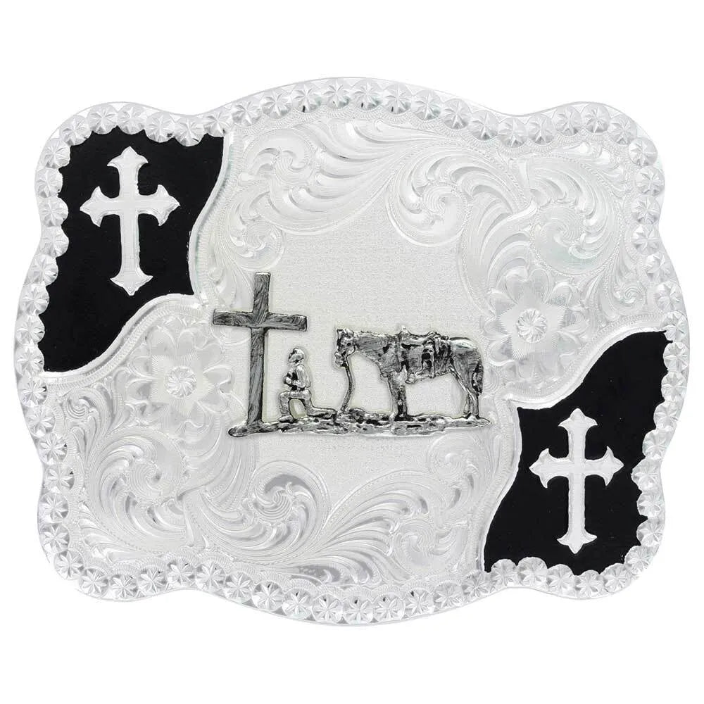 Montana Silversmiths Christian Flourish Scallop Shape Belt Buckle with Christian Cowboy