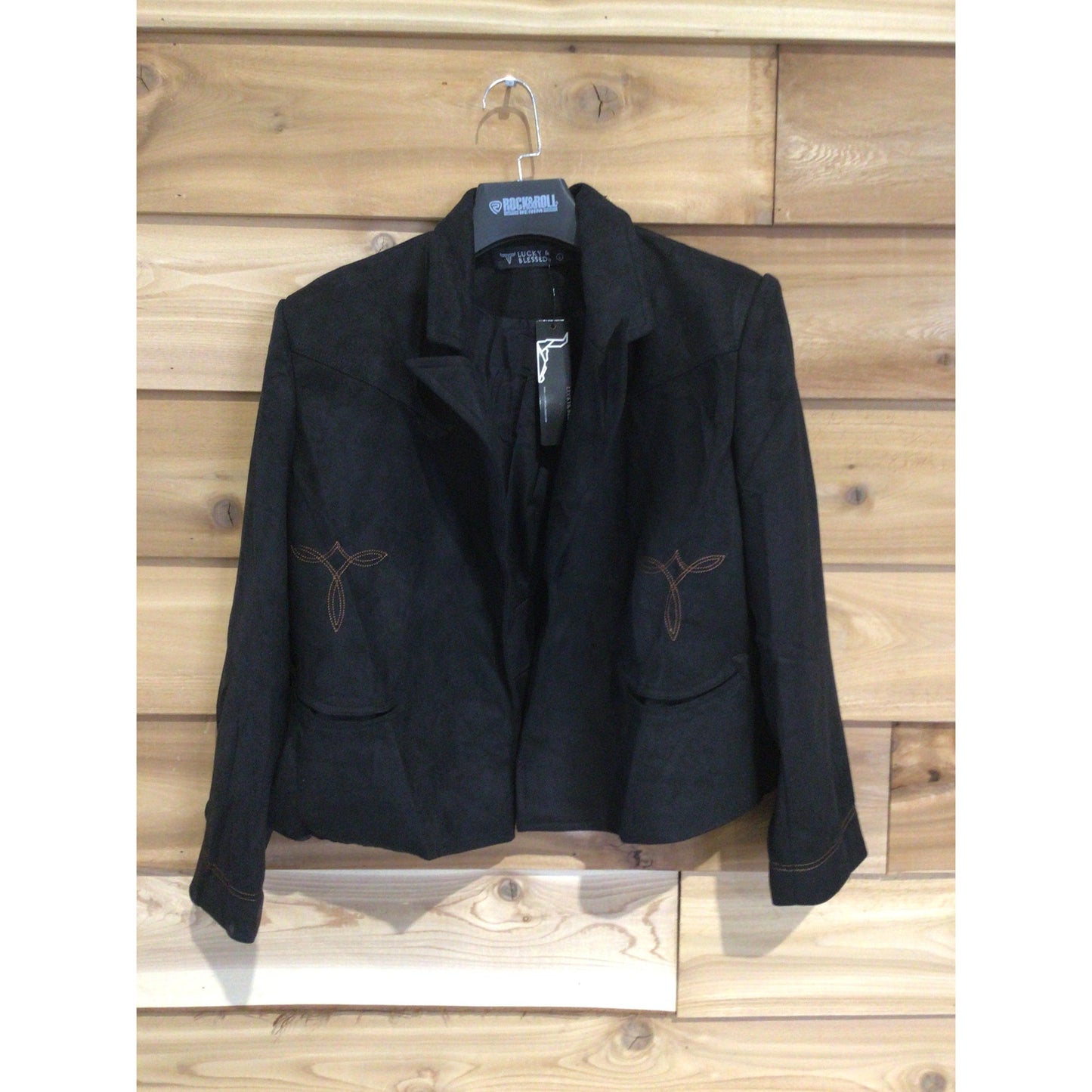 Lucky & Blessed Women's Suede Lined Camel Boot Stitch Embroidered Blazer- Black