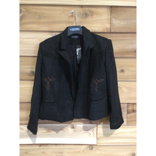 Lucky & Blessed Women's Suede Lined Camel Boot Stitch Embroidered Blazer- Black