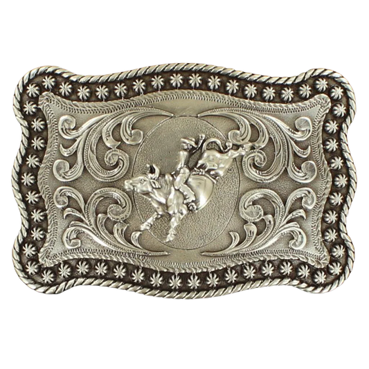 Nocona Men's Rectangle Bull Rider Buckle - Antique Silver