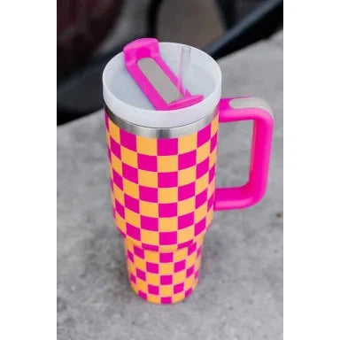 Dear Lover 40oz Checkered Print Handled Stainless Steel Tumbler Cup - Ginger