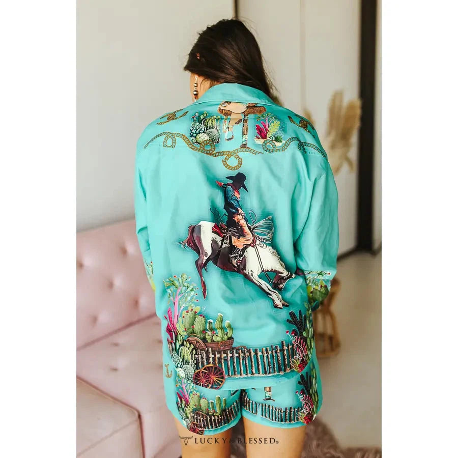 Lucky & Blessed Plus Size Cactus Western Pinup Saddle - Shirt/Short Set