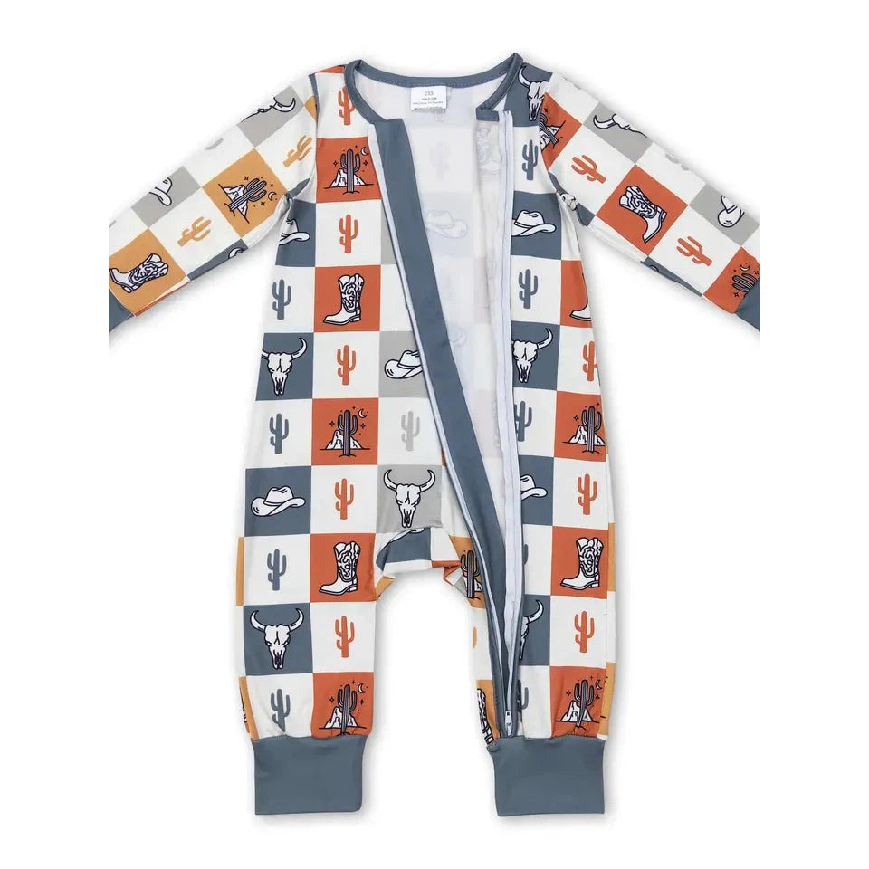 Yawoo Baby's Cactus Boots Plaid Western Zipper Romper - White/Blue/Multi