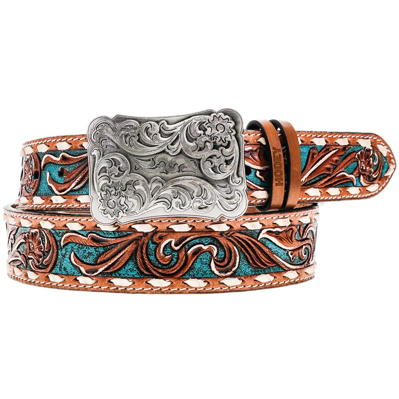 Hooey Women's Sonoma Floral Tooled Belt - Ivory/Turquoise
