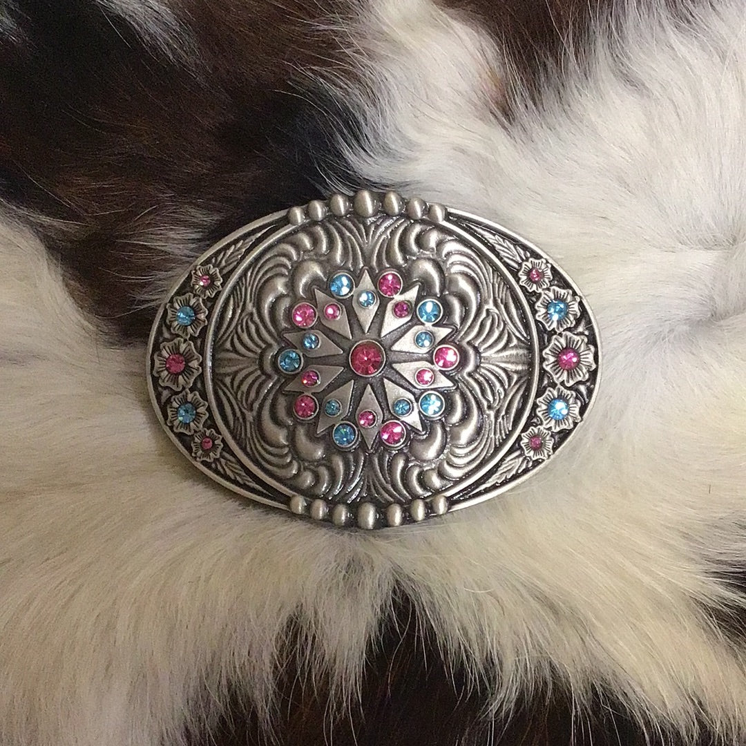 Attitude  Buckle - Silver Concho Pink & Blue Bling