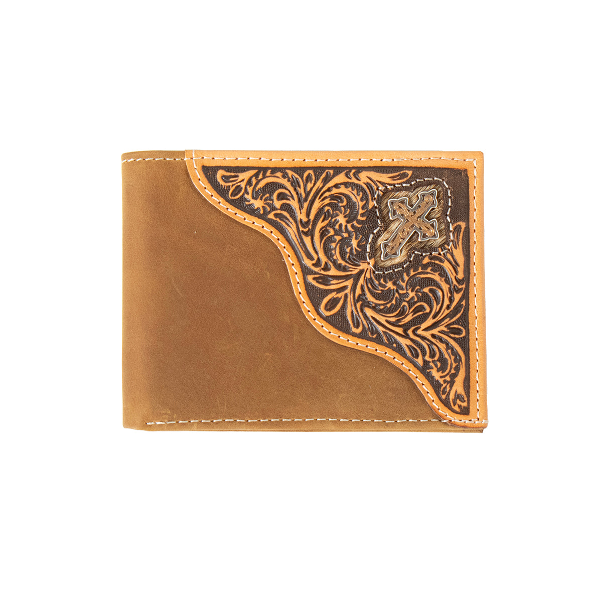 3D Men's Cross Concho Floral Embossed Bifold Wallet - Brown