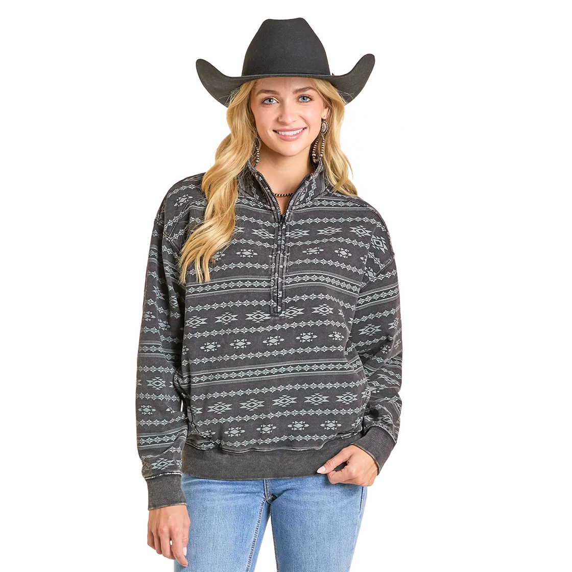 Rock & Roll Women's Aztec Print 1/4 Zip Pullover - Black