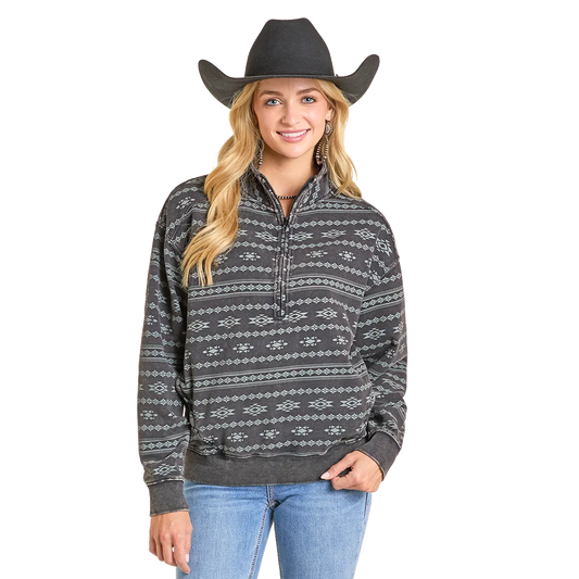 Rock & Roll Women's Aztec Print 1/4 Zip Pullover - Black