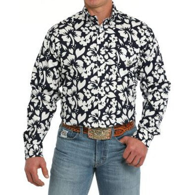 Cinch Men's Long Sleeve Hibiscus Cotton Twill Print Shirt- Navy