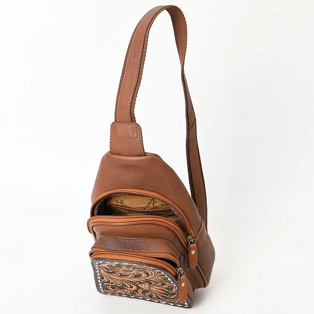 American Darling Brown Leather Sling Backpack with Tooled Floral Bag