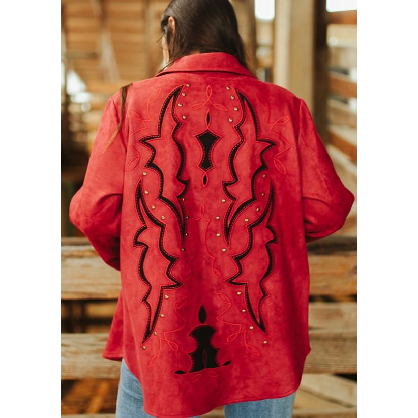 Women's Black Boot Stitch Embroidered Studded Long Sleeve Jacket- Burgundy