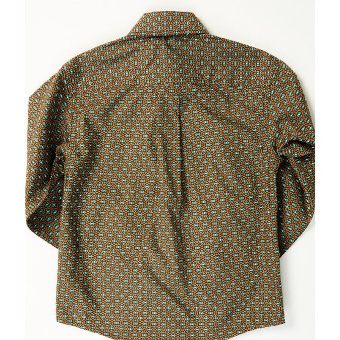 Cinch Boy's Long Sleeve Button Down  Geometric Print Shirt- Brown