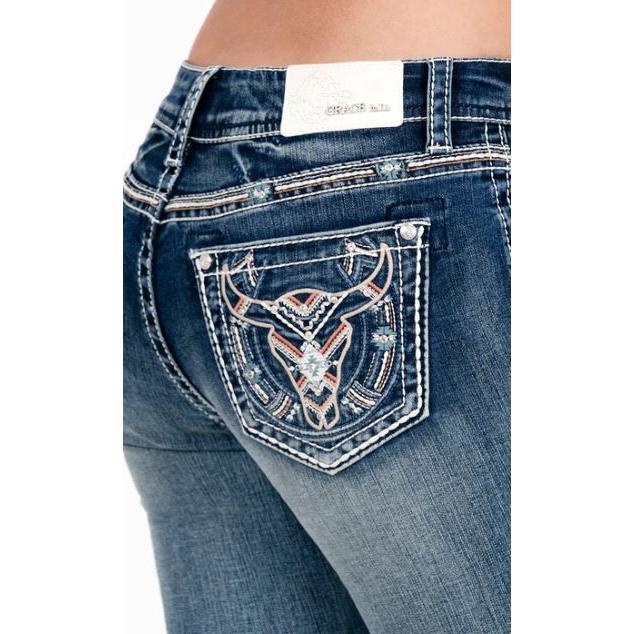 Grace in LA Women's Steerhead  Embroidery Midrise Bootcut Jeans