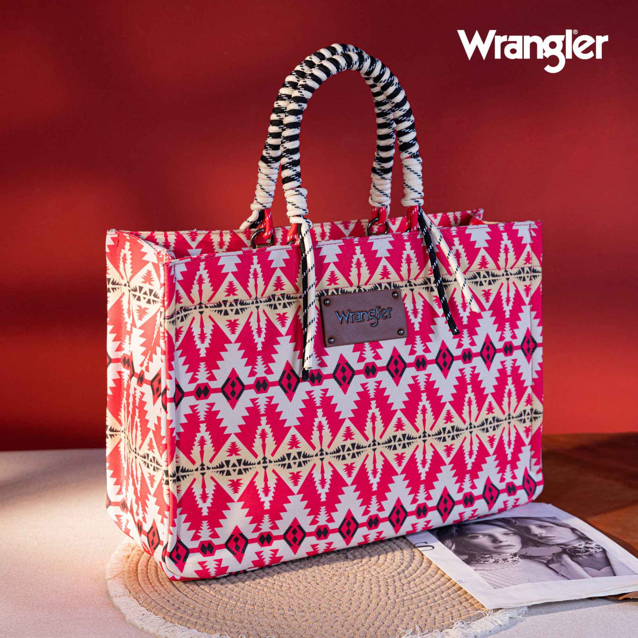 Wrangler Southwestern Print Oversized Tote Bag with Braided Handles - Hot Pink