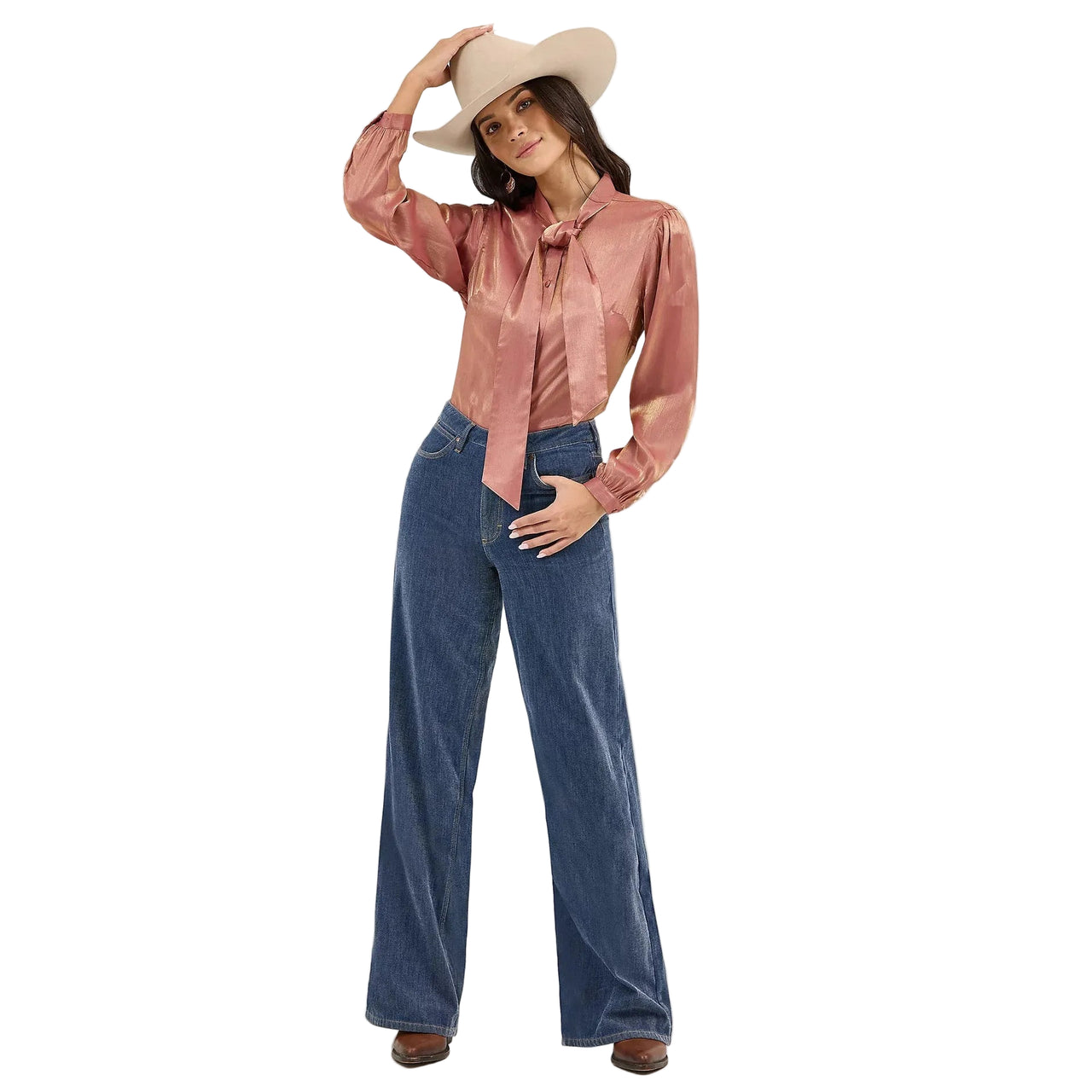 Wrangler Women's Long Sleeve Neck Tie Shimmer Shirt- Rose Gold