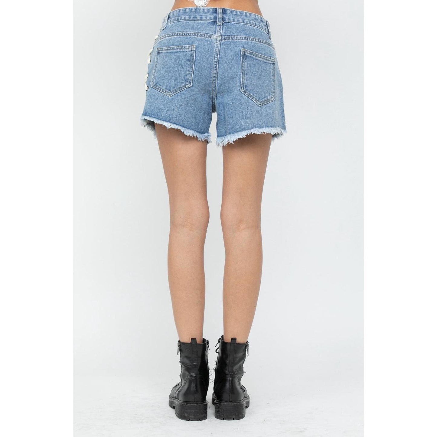 Vocal Apparel Low Rise Raw Hem Denim Knit Shorts with Laced Up Sides-Blue