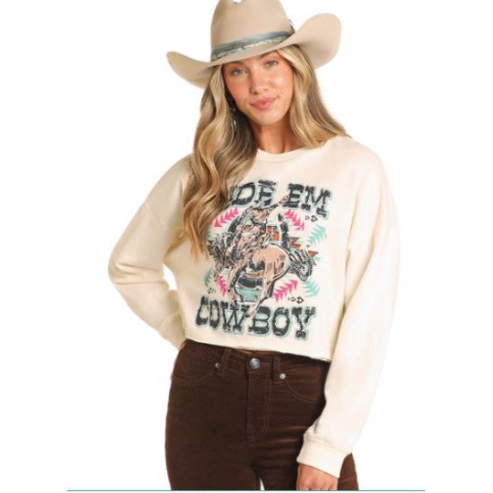 Rock &  Roll   Women's Long Sleeve Ride Em Boxy Pullover - Cream