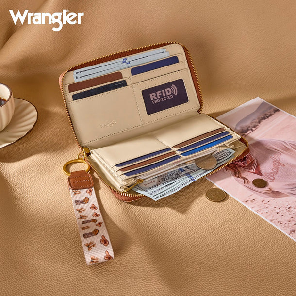 Wrangler Western Print RFID Blocking Zippered Cowgirl Wallet - Tan