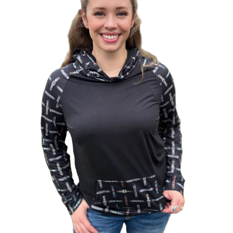 Cinched Up Women's Long Sleeve Tee Shirt Hoodie- Black