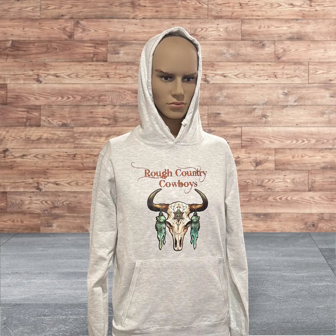 Rough Country Cowboys Unisex Long Sleeve Cow skull  Hoodie- Grey