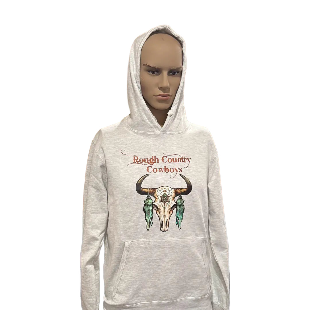 Rough Country Cowboys Unisex Long Sleeve Cow skull  Hoodie- Grey