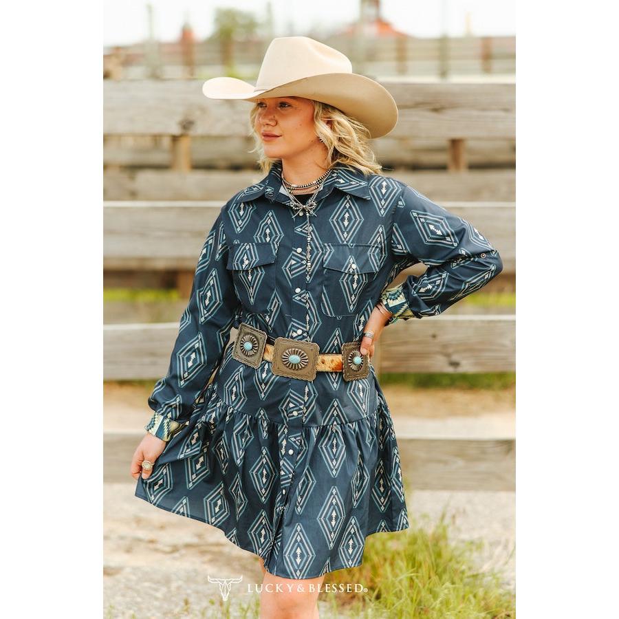 Lucky & Blessed Women's Aztec Printed Button Down Collared Ruffle Dress