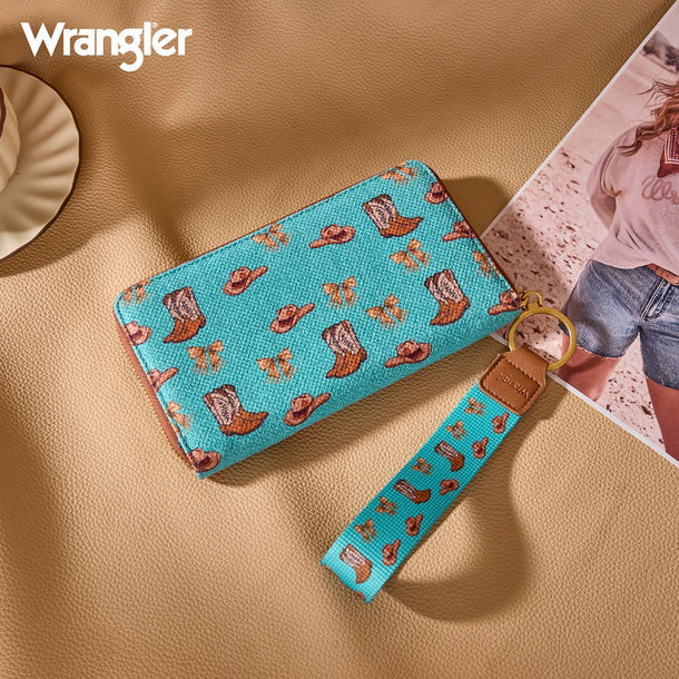 Wrangler Western Print RFID Blocking Zippered Cowgirl Wallet- Turquoise