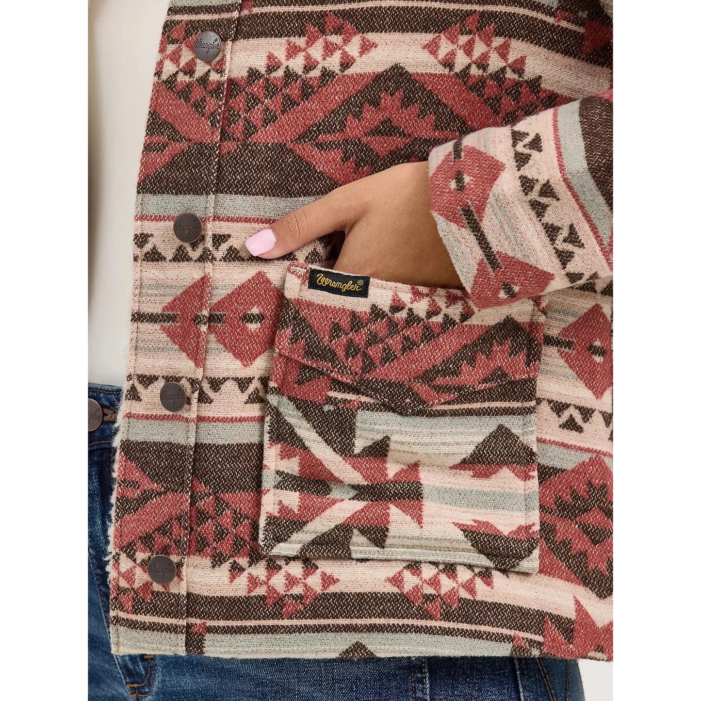 Wrangler Women's Sherpa Lined Jacquard Barn Jacket- Cream/Burgundy