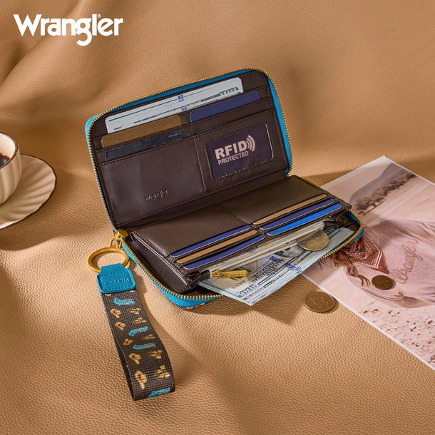 Wrangler Western Print RFID Blocking Zippered Cowgirl Wallet- Coffee