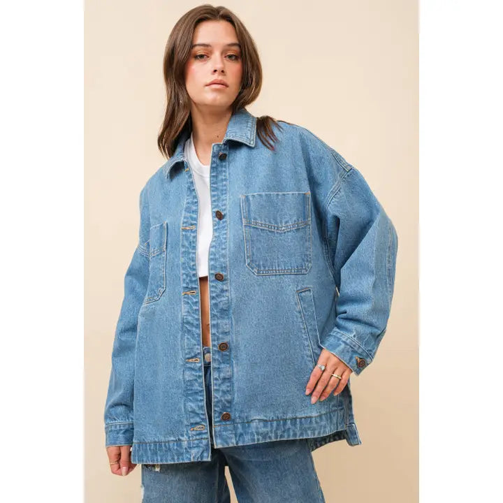 Women's Long Sleeve Oversized Boyfriend Denim Jacket- Medium Wash