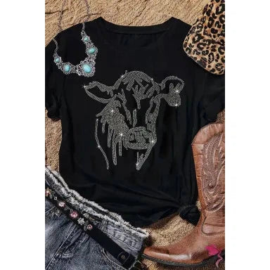 Dear Lover Women's Black Rhinestone Steer Head Graphic Fashion T Shirt