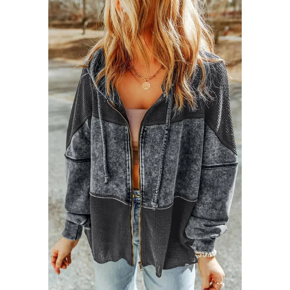 **Umorger Waffle Patchwork Vintage Washed Hooded Jacket - Black**FINAL SALE**