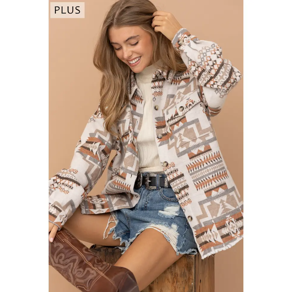 Blue B Women's Jacquard Aztec Western Shirt Jacket Plus - Beige