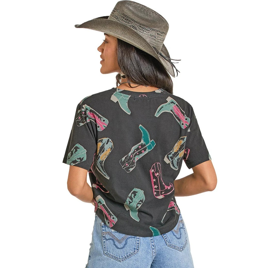 Rock & Roll Women's Boot Print Short Sleeve Tee Shirt - Black
