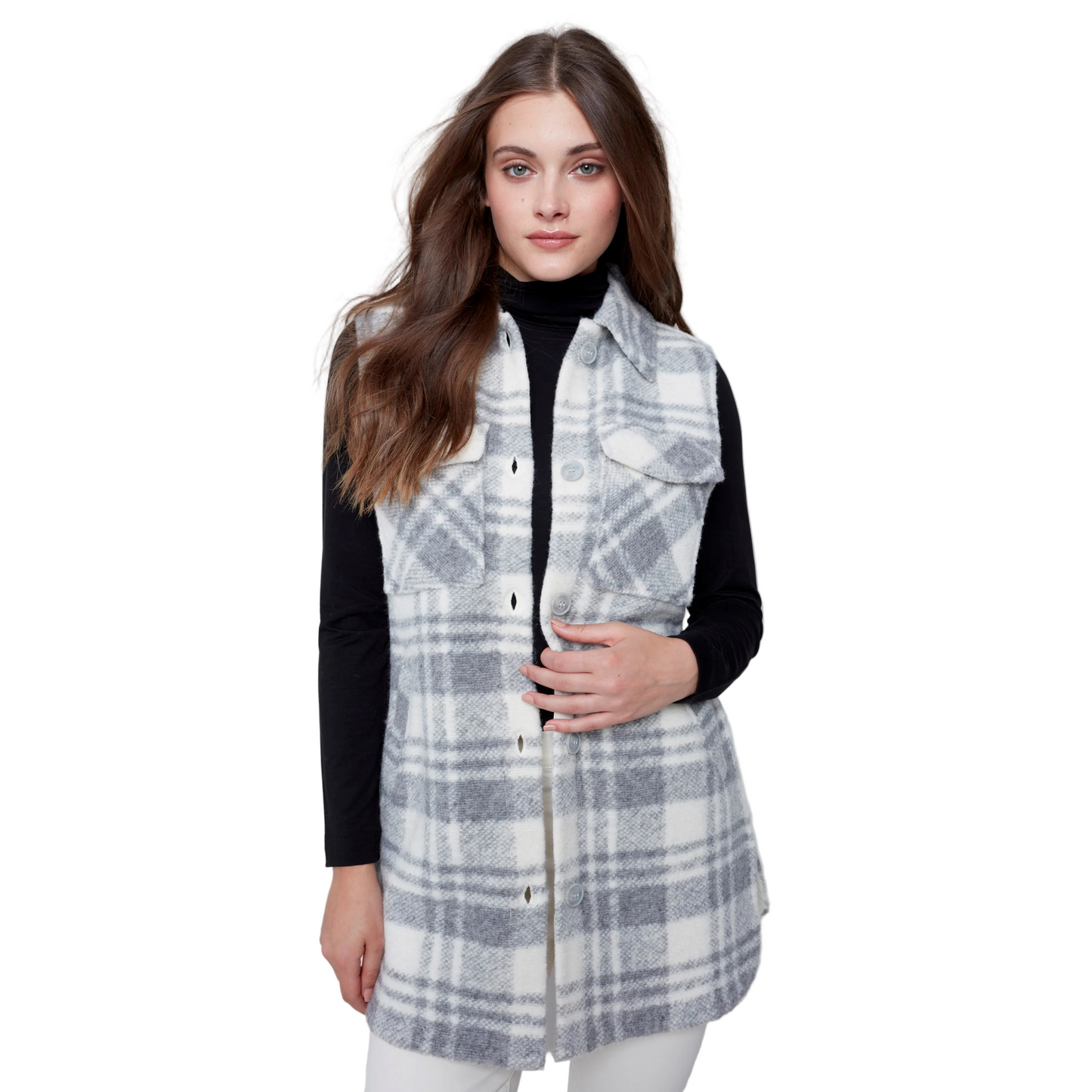 Charlie B Plaid Boiled Wool Vest- Light Grey