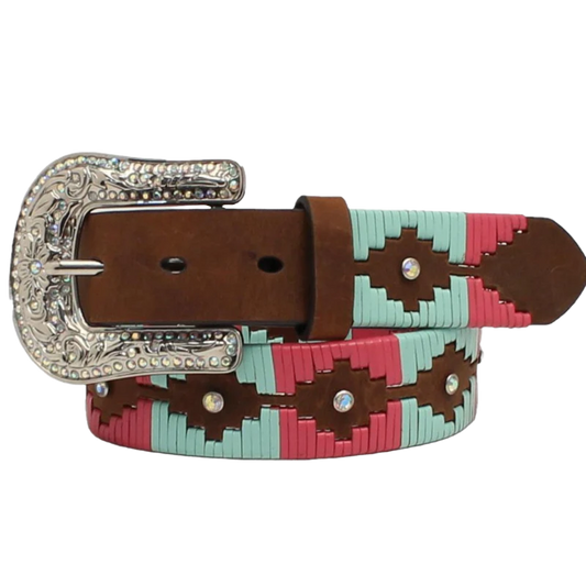 Angel Ranch Girl's Southwestern Lace Belt - Brown/Pink/Blue