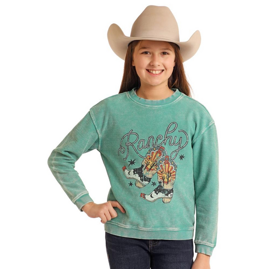 Rock & Roll Girl's Graphic Ribbed Pullover - Turquoise