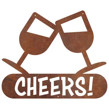 Rustic Metal Wine Glasses "Cheers" Sign - Brown