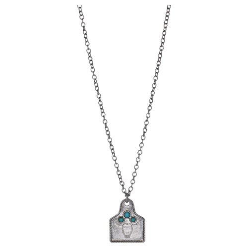 Justin Steer Cow Tag with Turquoise Colored Stone   16 inch Necklace
