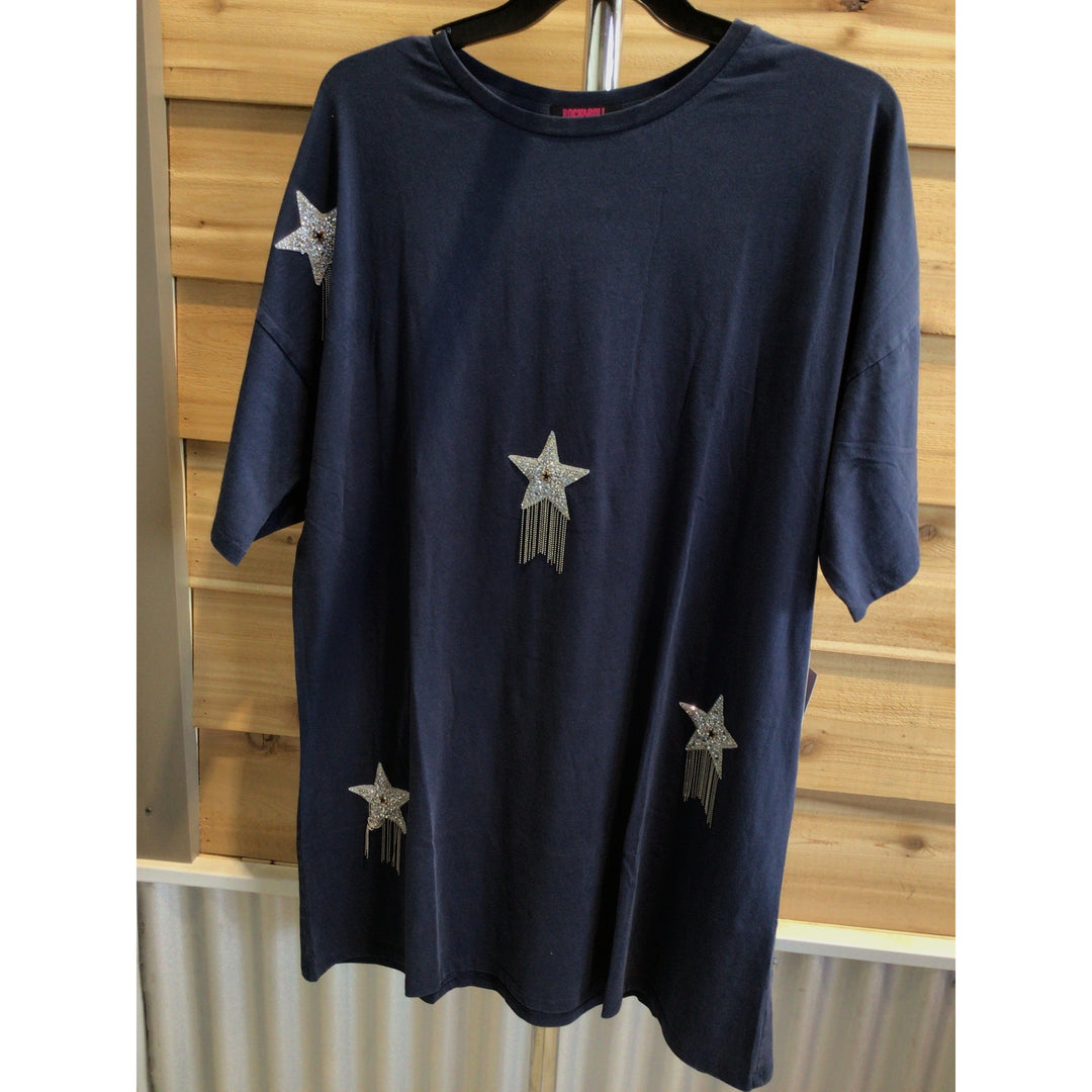 Rock &amp; Roll Rhinestone Star T Shirt Dress - Blue