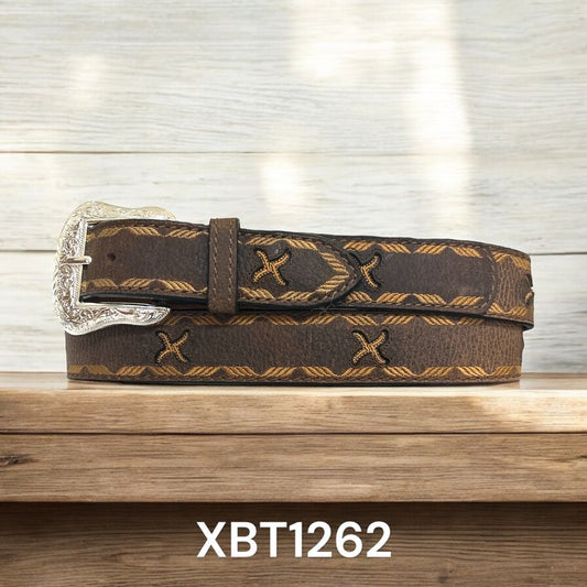 Twisted X Belt with Wave Design and Embroidery Inlay